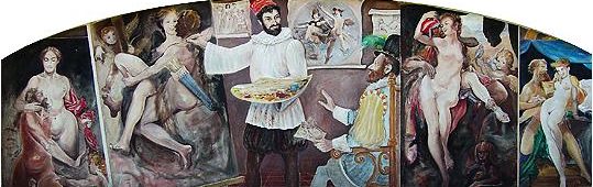 Jeho Jasnost Rudolf II. radí svému dvornímu malíři Bartolomeu Sprangerovi jak malovat ladné křivky půvabných žen - Rodinný hotel v Praze 8 (Březiněves) - GOLDEN GOLEM Hotel