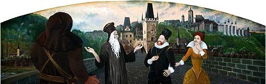 Rabí Löw představuje Golema císaři Rudolfu II na Karlově mostě - Rodinný hotel v Praze 8 (Březiněves) - GOLDEN GOLEM Hotel