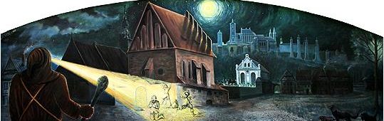 Golem by stvořen na ochranu Židovského města před zloději, zde jsou přistiženi u Staronové synagogy  - Rodinný hotel v Praze 8 (Březiněves) - GOLDEN GOLEM Hotel