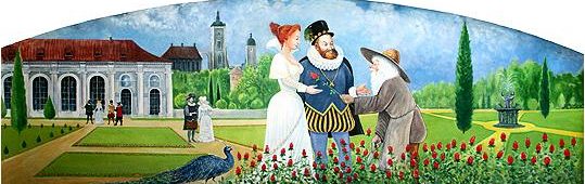 Jeho Majestát Rudolf II. představuje Kateřině Stradová svého oblíbeného zahradníka před Míčovnou u Pražského Hradu - Rodinný hotel v Praze 8 (Březiněves) - GOLDEN GOLEM Hotel