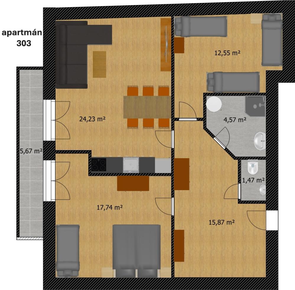 Šestilůžkový apartmán 2+1 s balkonem