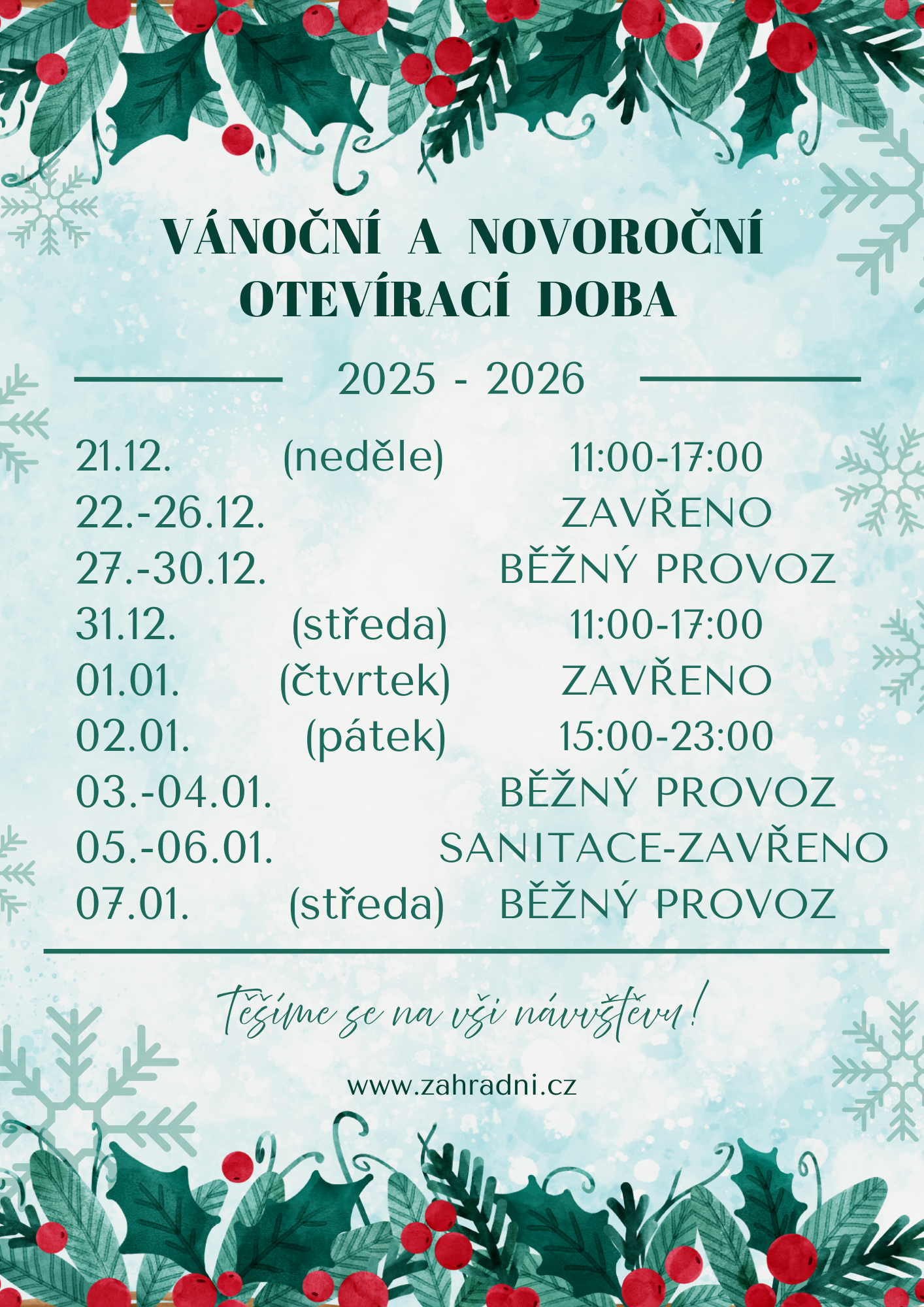 Vánoční a Novoroční provozní doba 2025/2026
