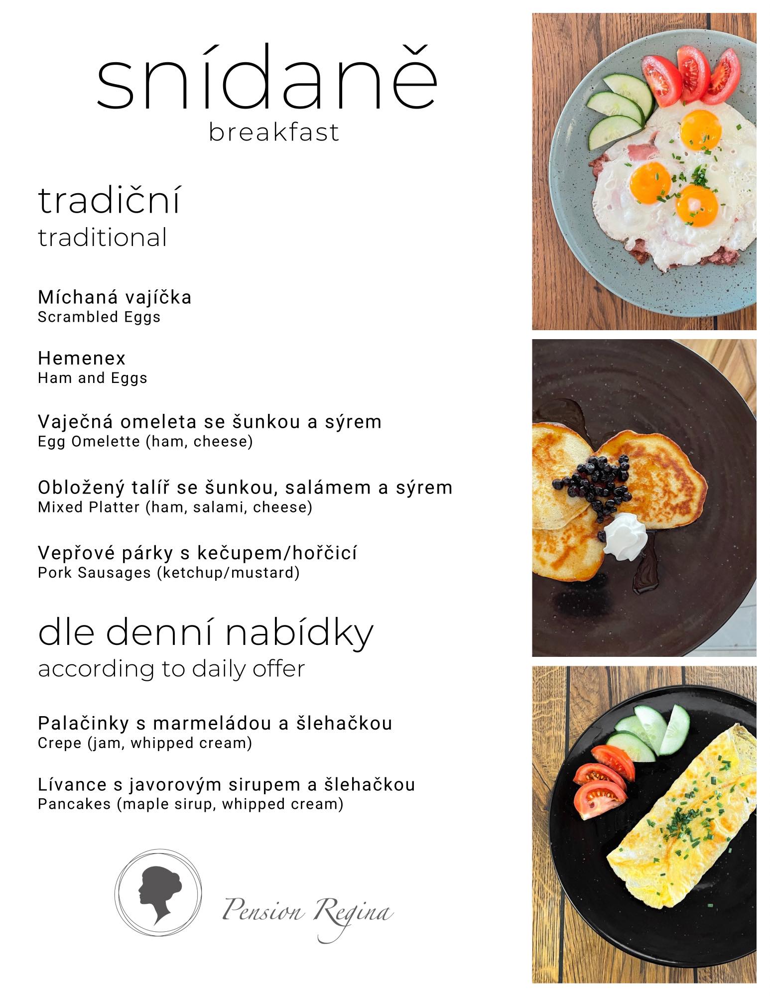 Snídaňové menu pro hosty pensionu Regina 